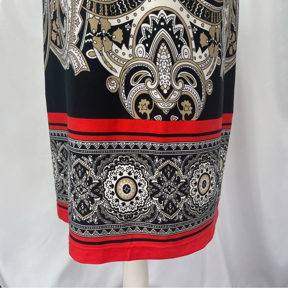 Dress barn Black, Tan, white, red geometric paisley Patterned Dress size 10 - Picture 5 of 16